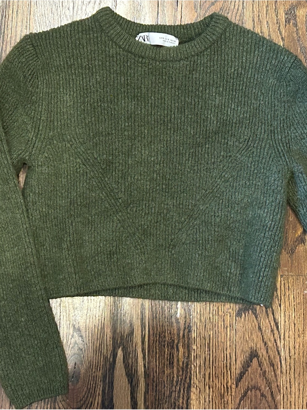 Girls’ Zara Olive Ribbed Crewneck Cropped Sweater